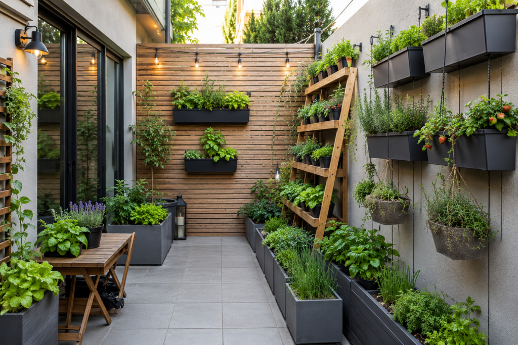 Compact backyard planter ideas with vertical planters and herb garden shelves
