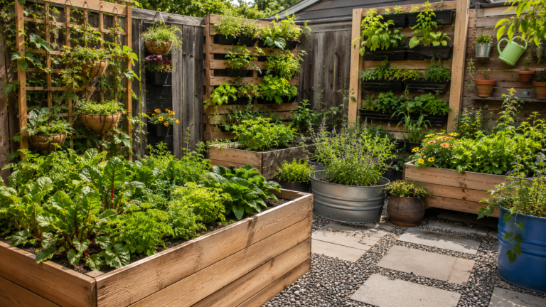 DIY backyard planter ideas with raised beds, vertical planters, and herbs in a modern garden.