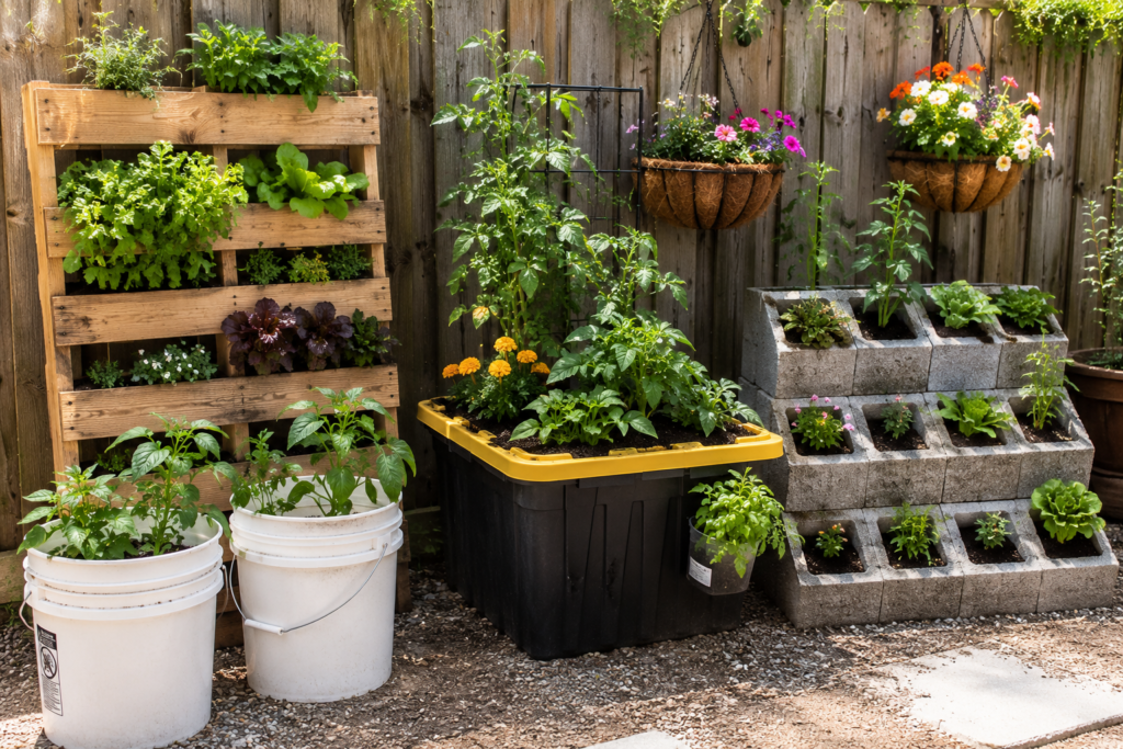 DIY backyard planter ideas with pallet planters, bucket gardens, hanging baskets, and concrete block planters.

