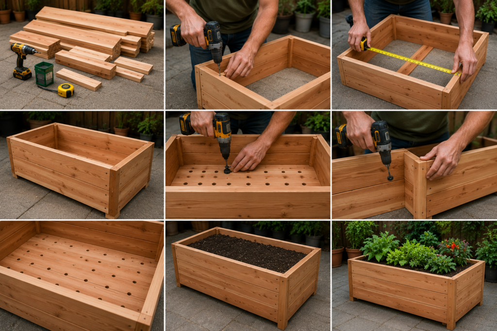 DIY backyard planter ideas showing step-by-step wooden planter box construction with raised garden bed assembly.
