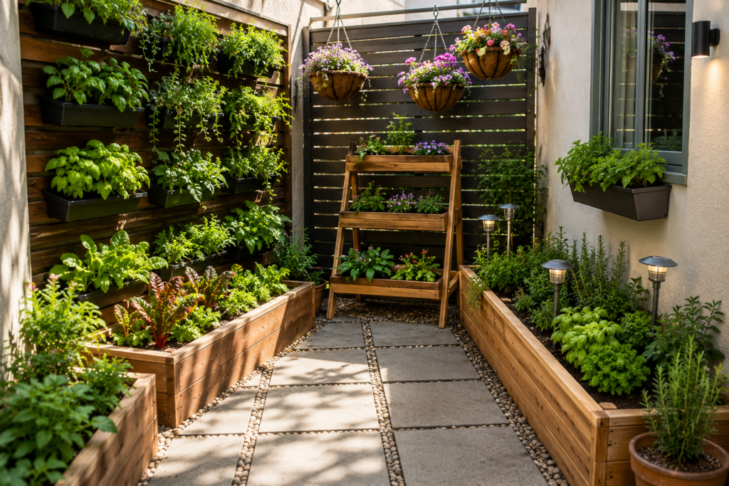 DIY backyard planter ideas with vertical herb wall, raised beds, and tiered wooden planters in a compact garden.
