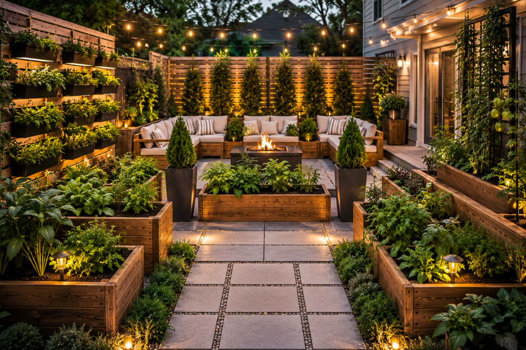 DIY backyard planter ideas with raised beds, vertical greenery, and cozy patio seating in a modern garden.
