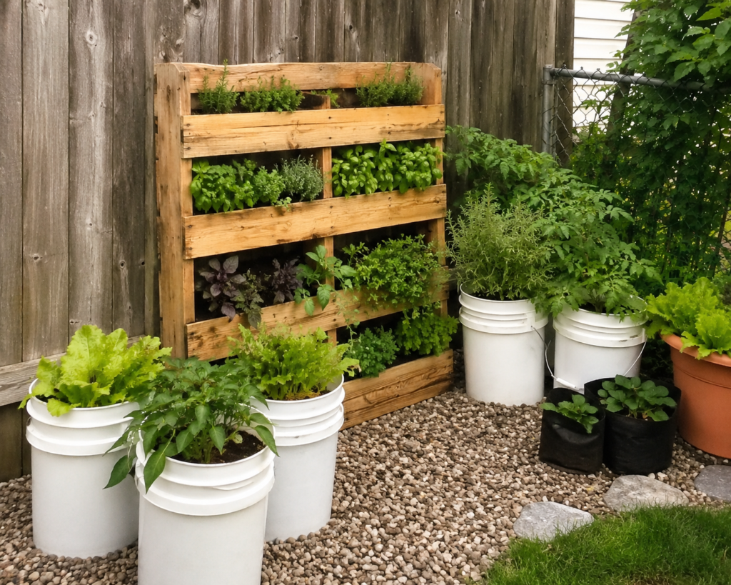 Small Backyard Planter ideas with pallet planters and bucket gardens in a compact backyard.

