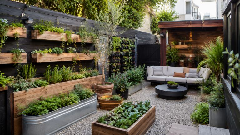 Modern backyard planter ideas with vertical wooden planters, hanging herbs, and layered greenery in a compact patio garden.