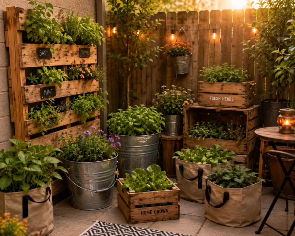 backyard planter ideas with recycled wooden planters and galvanized buckets

