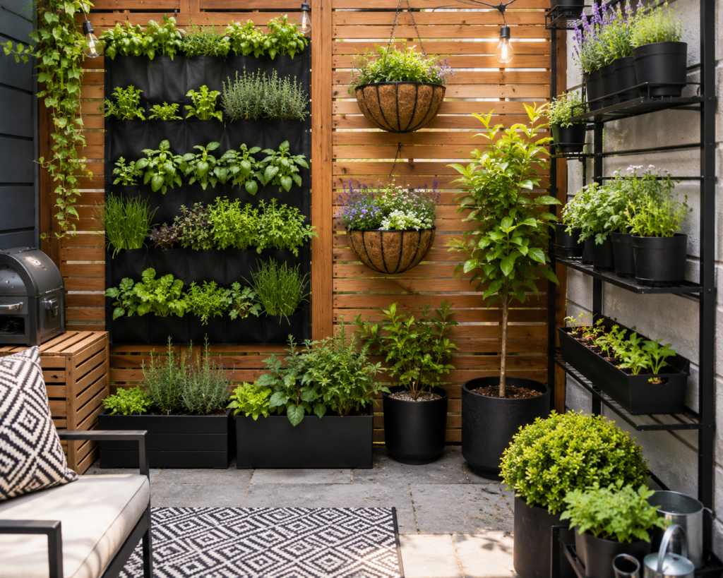 backyard planter ideas with vertical herb wall and black metal shelves
