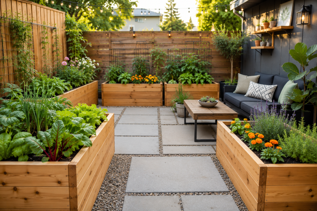 DIY cedar backyard planter ideas in a modern patio garden

