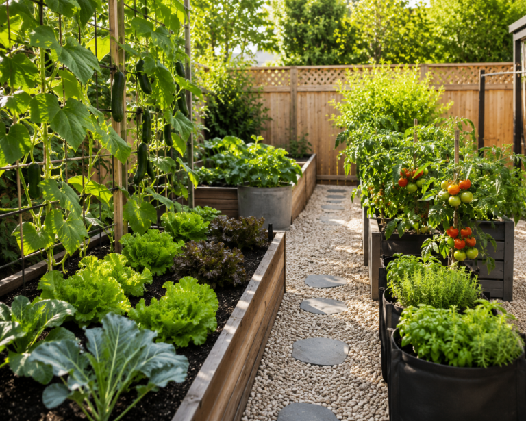 Vegetable Backyard Planter Ideas with raised beds, grow bags, and vertical garden layout in a small backyard.