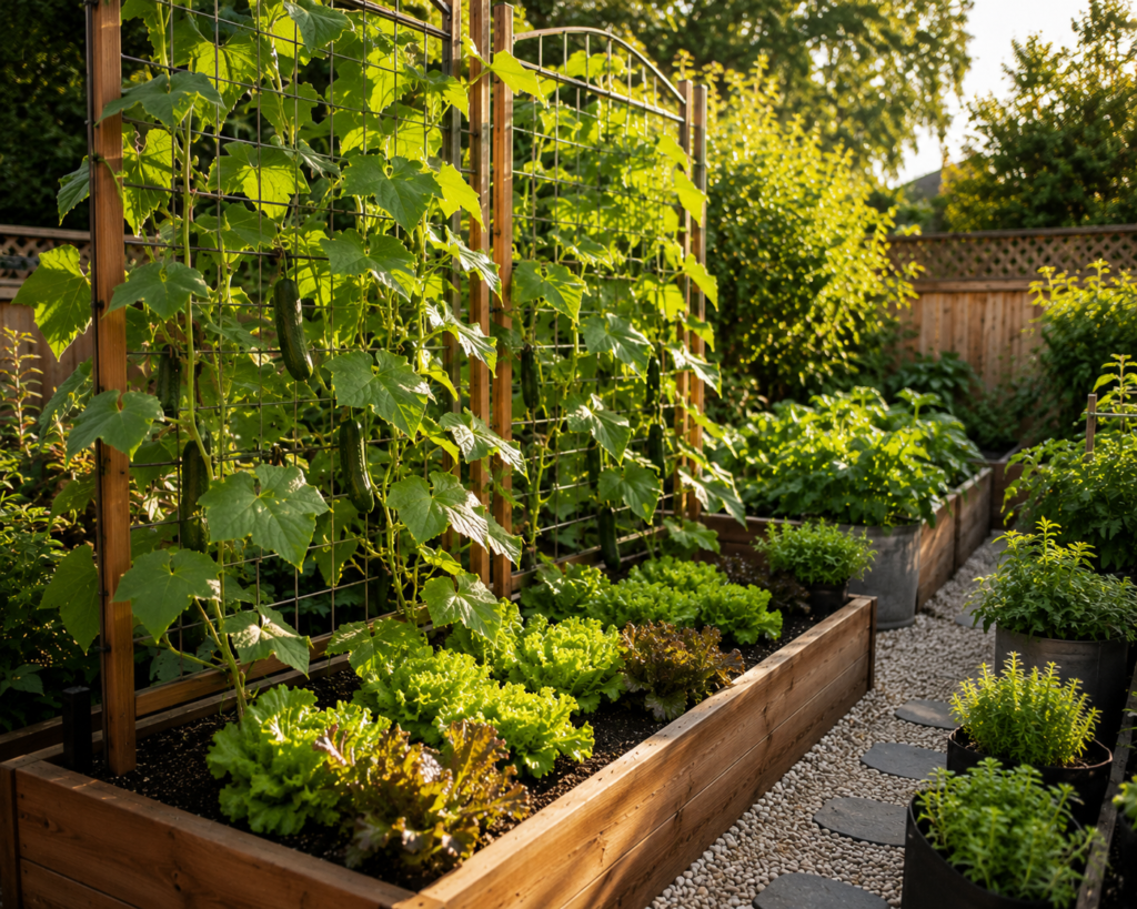 Vegetable Backyard Planter Ideas with vertical cucumber trellis and raised garden beds.
