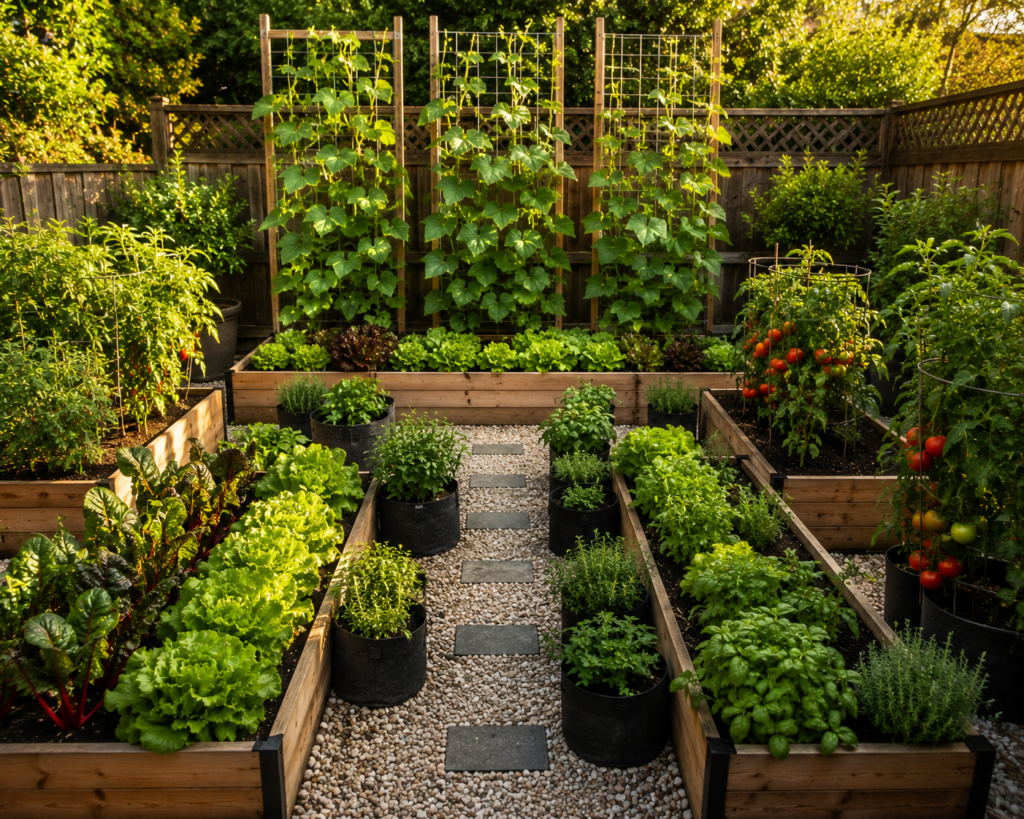 Vegetable Backyard Planter Ideas with organized raised beds and productive vegetable garden layout.
