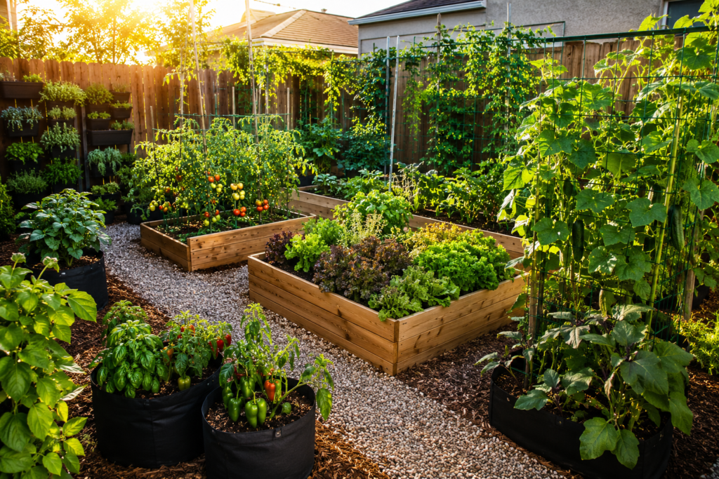 Vegetable Backyard Planter Ideas with raised beds and vertical garden layout
