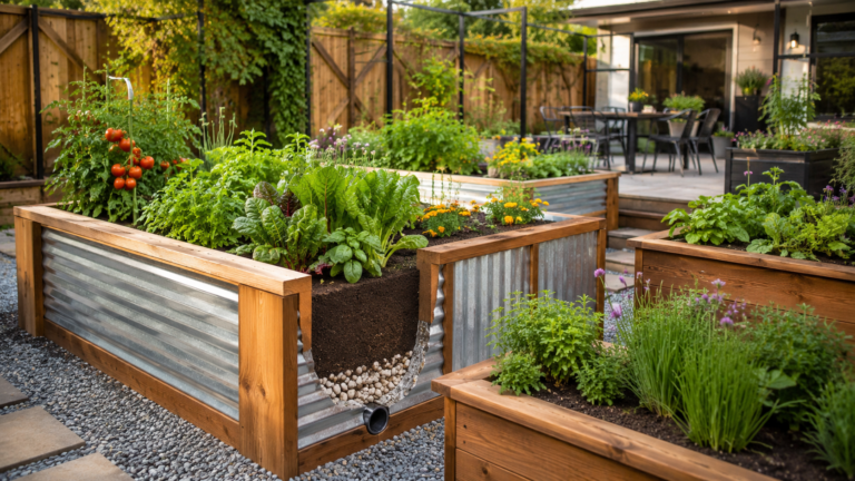 Raised Backyard Planter Ideas with cedar and metal raised beds, healthy vegetables, herbs, flowers, and visible drainage design.