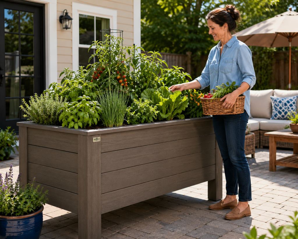 Raised Backyard Planter Ideas: Waist-high raised planter beside a backyard patio with herbs and vegetables harvested comfortably without bending.
