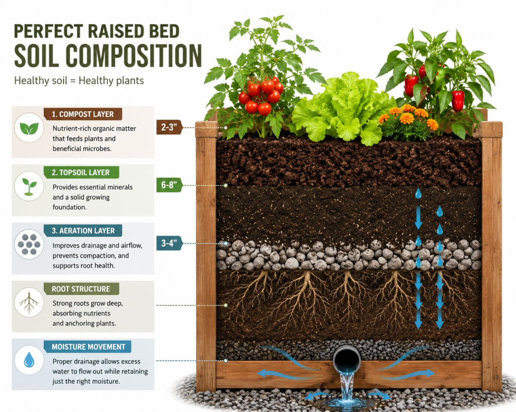 Raised Backyard Planter Ideas soil composition infographic showing compost, topsoil, aeration layers, root structure, and moisture movement.

