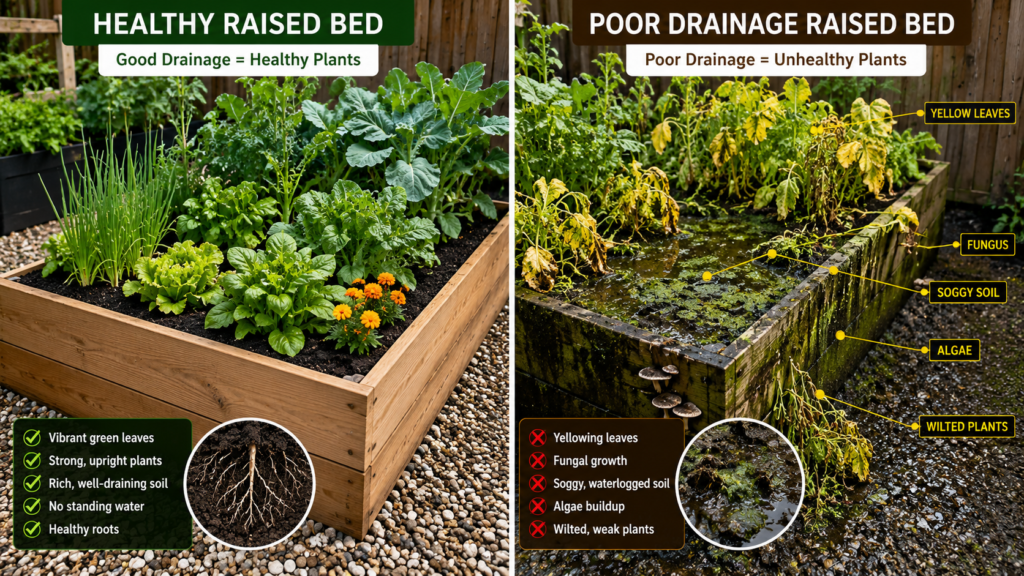 Raised Backyard Planter Ideas: Side-by-side comparison of healthy raised garden bed and poor drainage planter with yellow leaves, soggy soil, algae, fungus, and wilted plants.
