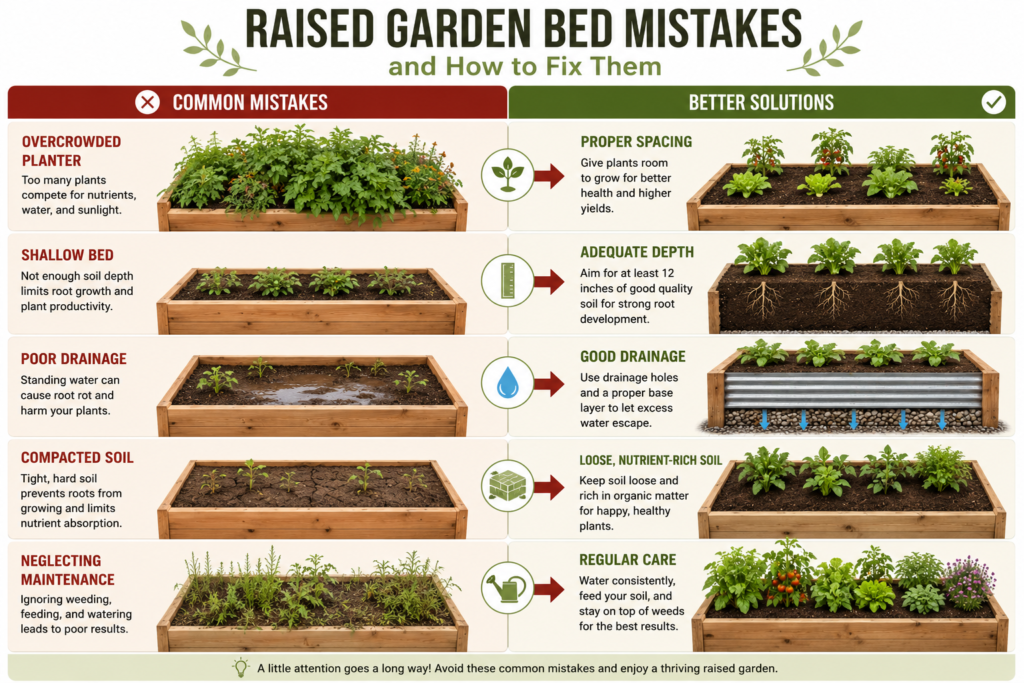 Raised Backyard Planter Ideas infographic showing common planter mistakes, poor drainage, compacted soil, and healthy corrected raised beds.
