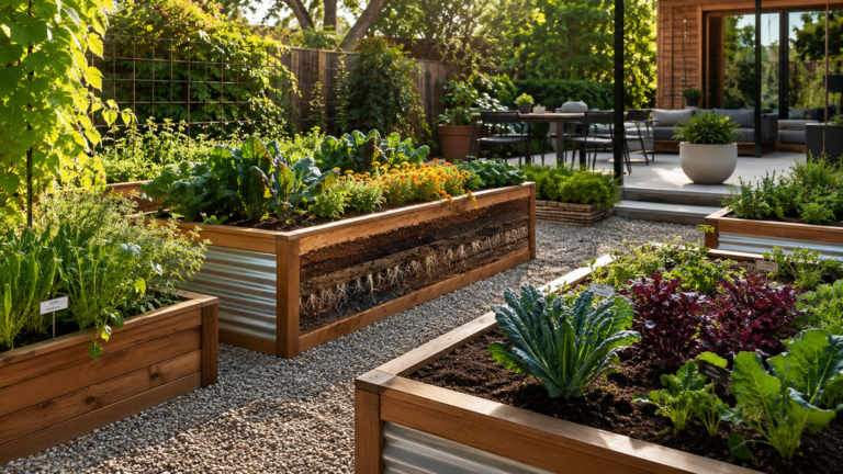 Raised Planter garden with modern cedar and steel backyard beds.