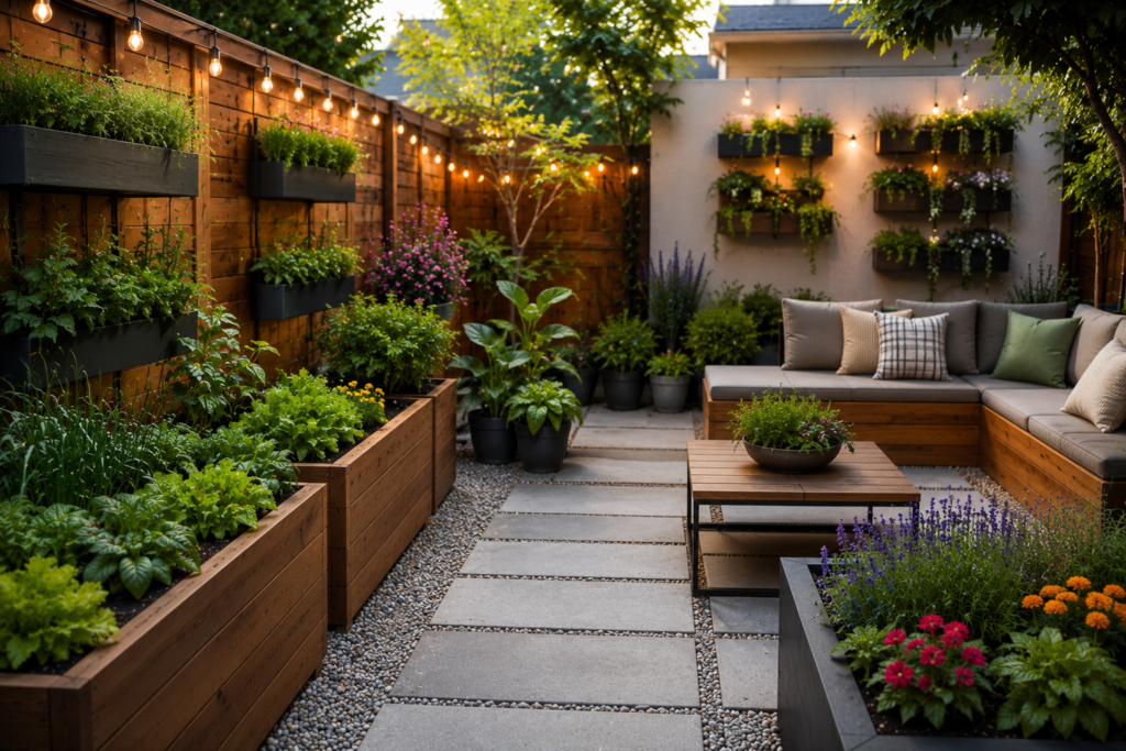 Modern backyard planter ideas with raised garden beds and patio seating