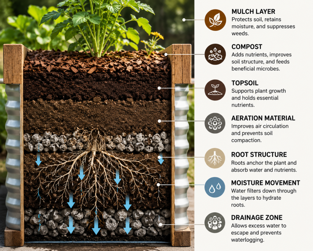 Raised Planter layered soil cutaway infographic with drainage and root structure.
