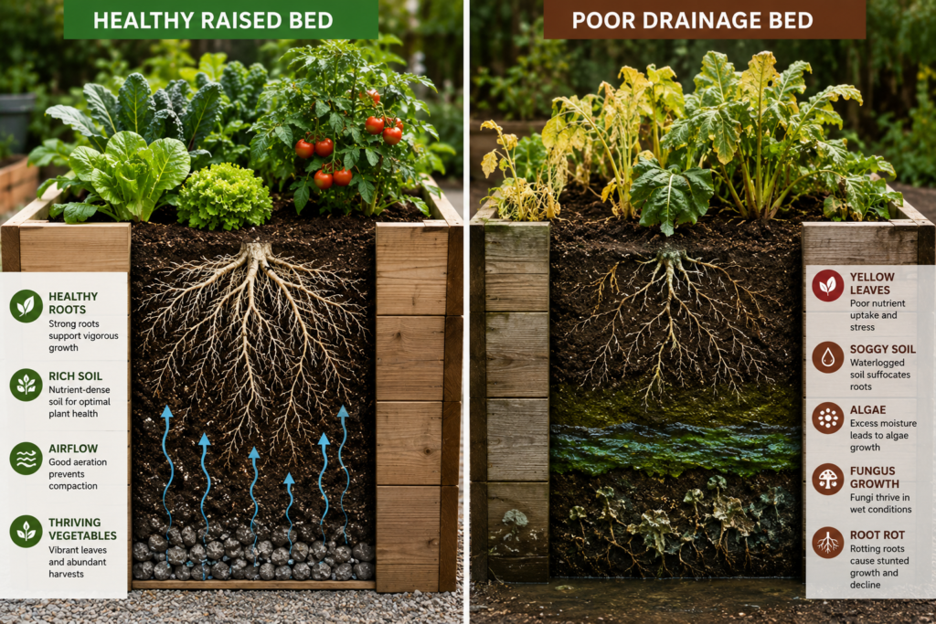 Raised Planter healthy vs poor drainage garden bed comparison.
