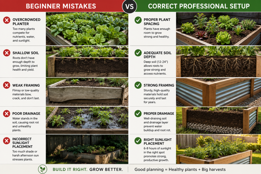 Raised Planter beginner mistakes vs professional garden bed setup.
