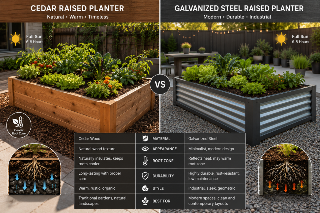 Raised Planter cedar vs galvanized steel garden bed comparison.
