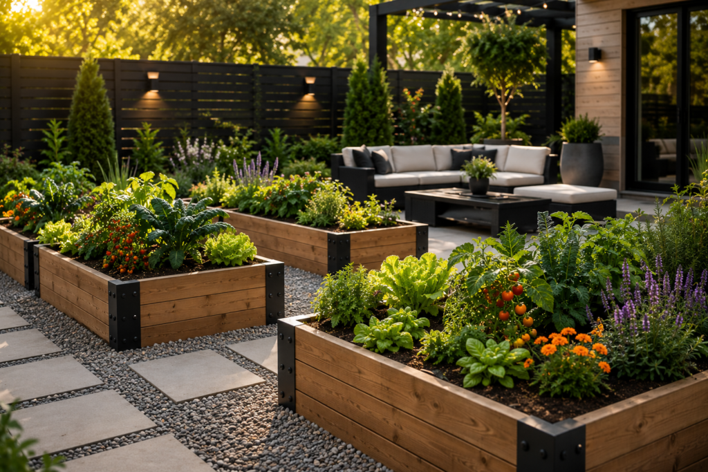 Raised Planter modern backyard layout with gravel paths and patio seating.