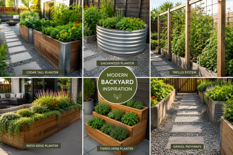 Modern backyard inspiration collage with Tall Raised Planters, cedar and galvanized beds, trellis systems, and gravel garden pathways.