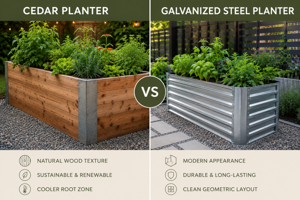 Side-by-side Tall Raised Planters comparison featuring cedar wood and galvanized steel garden beds.
