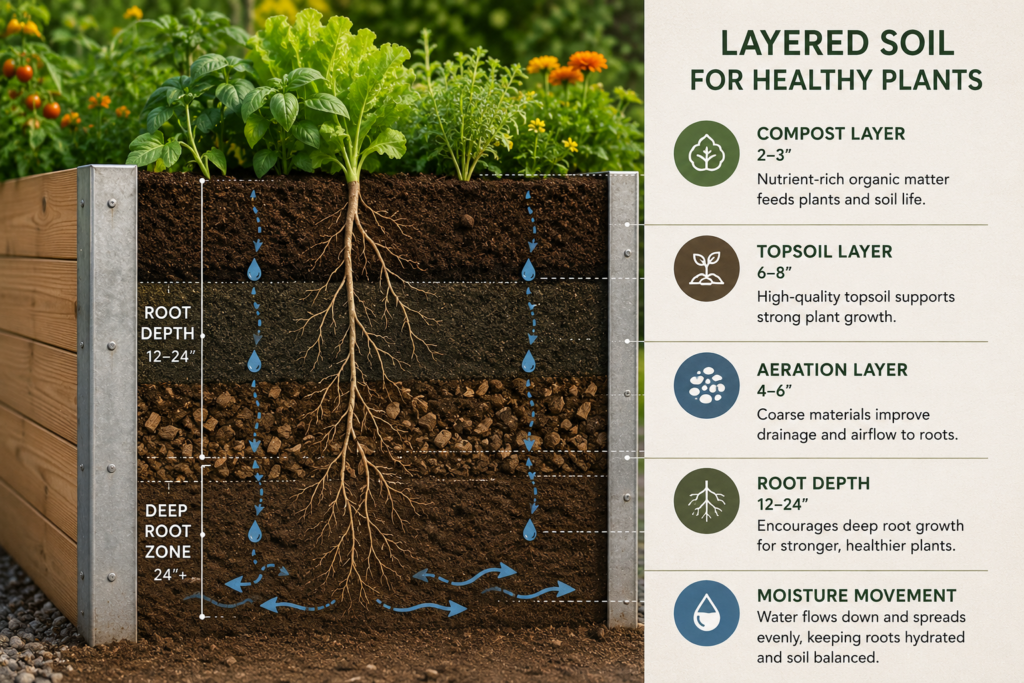 Layered soil cutaway infographic for Tall Raised Planters showing compost, topsoil, root depth, aeration, and moisture flow.
