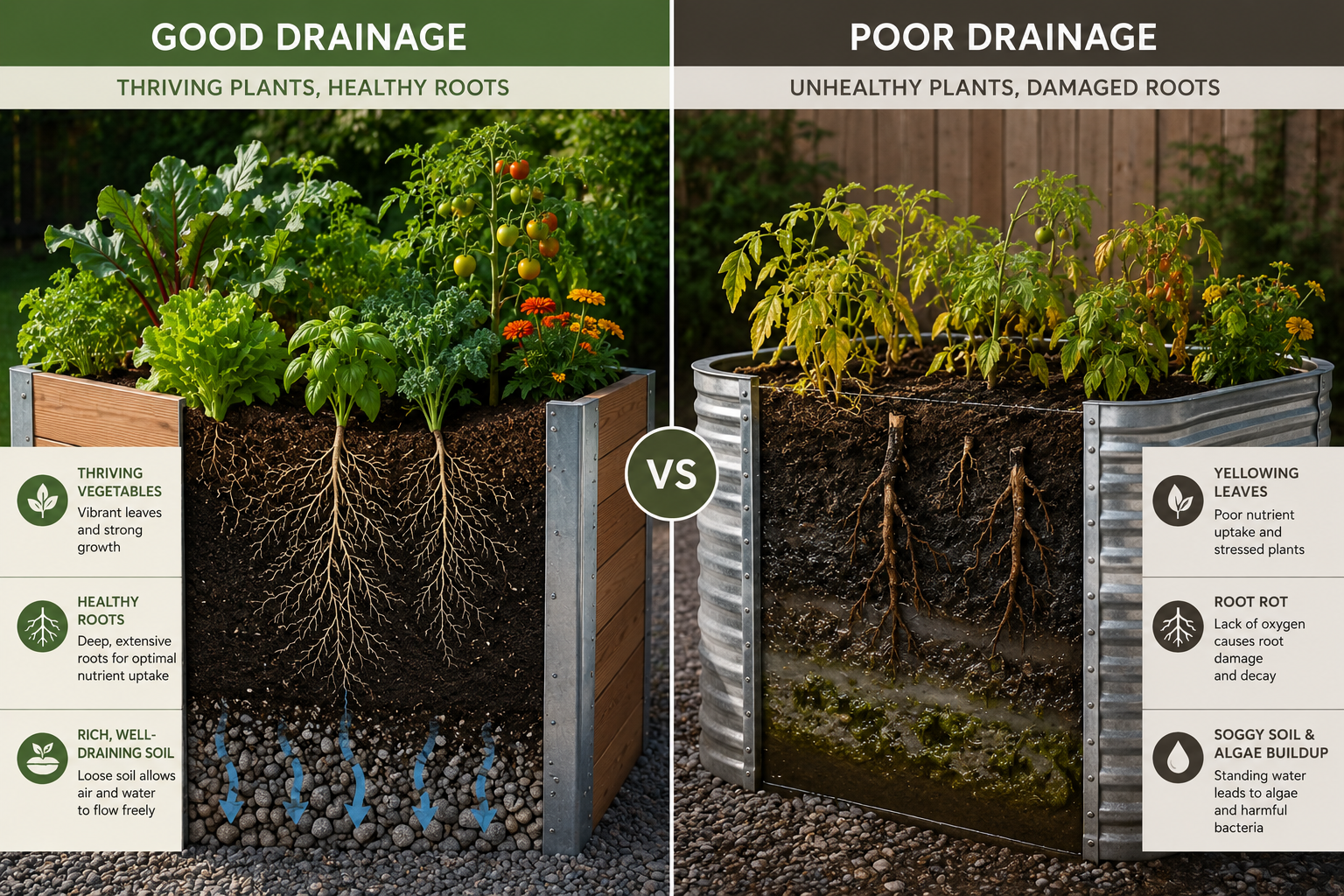Healthy vs poor drainage comparison in Tall Raised Planters showing thriving vegetables, rich soil, root rot, and yellow leaves.

