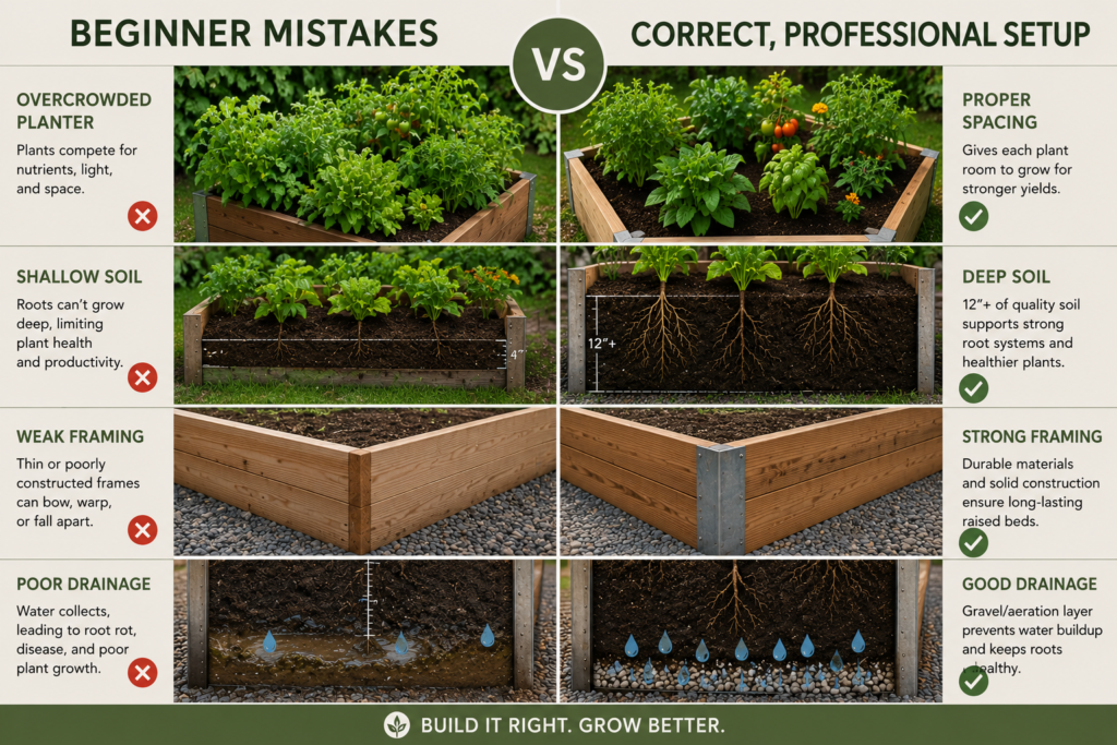 Beginner mistakes vs professional setup infographic for Tall Raised Planters showing overcrowding, shallow soil, weak framing, and drainage fixes.
