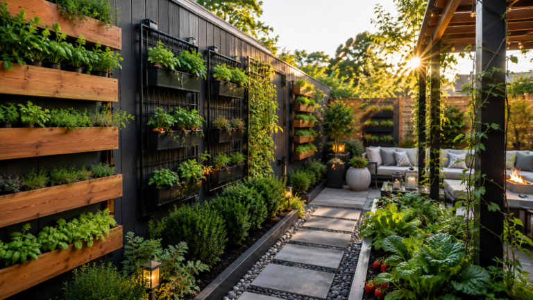Vertical Backyard Planter ideas systems in a modern garden patio.