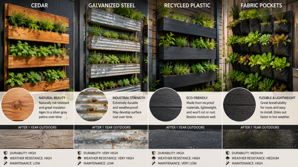 Vertical Backyard Planter ideas material comparison with cedar, steel, plastic, and fabric systems.
