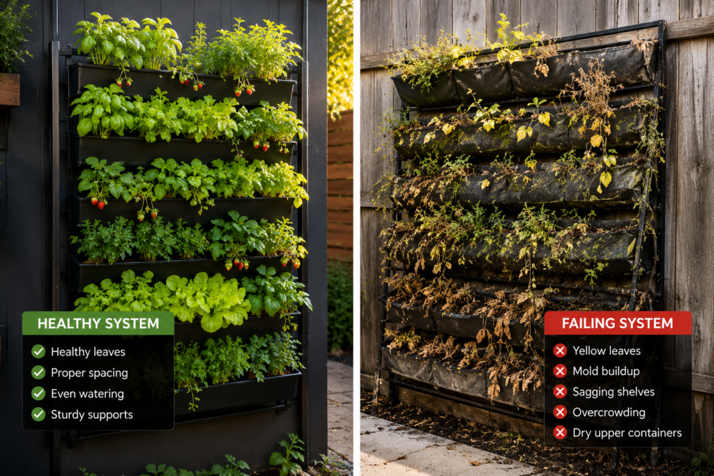 Healthy vs failing Vertical Backyard Planter ideas system comparison.
