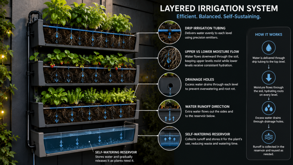 Vertical Backyard Planter ideas irrigation and drainage system infographic.
