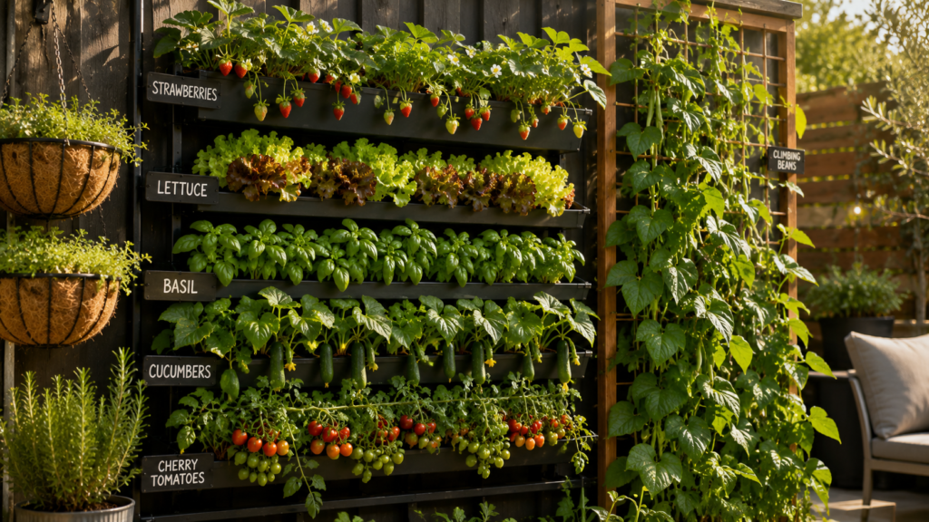 Vertical Backyard Planter ideas with strawberries, lettuce, basil, cucumbers, and tomatoes.
