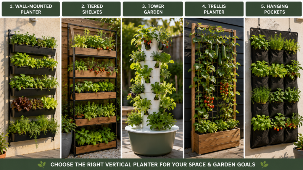 Vertical Backyard Planter style comparison with wall, tower, trellis, and hanging systems.
