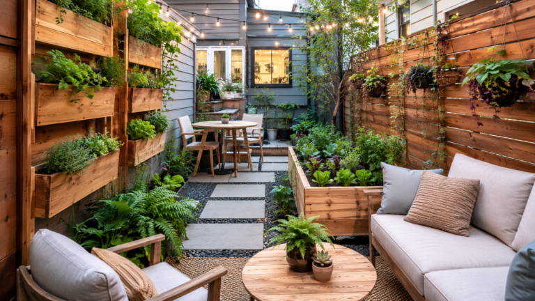 Small backyard with vertical planters and raised beds.