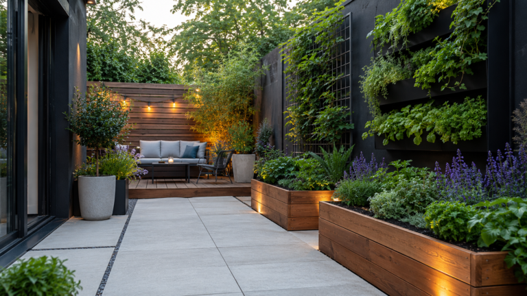 Modern backyard planter ideas with raised planters and vertical garden wall