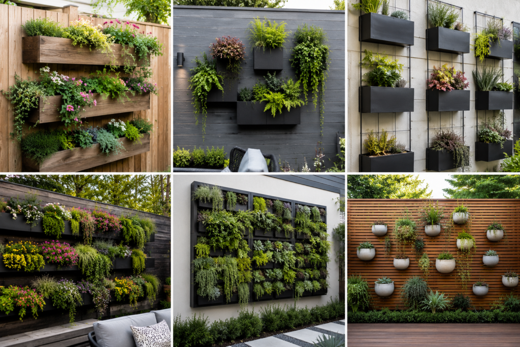 Wall Planter Ideas: Comparison of modern wall planter styles for backyards featuring vertical gardens, hanging pots, and cascading greenery.