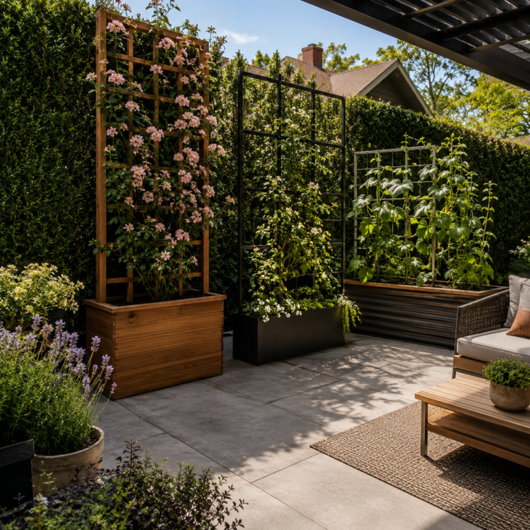 Backyard planter ideas with trellis for patios and gardens.