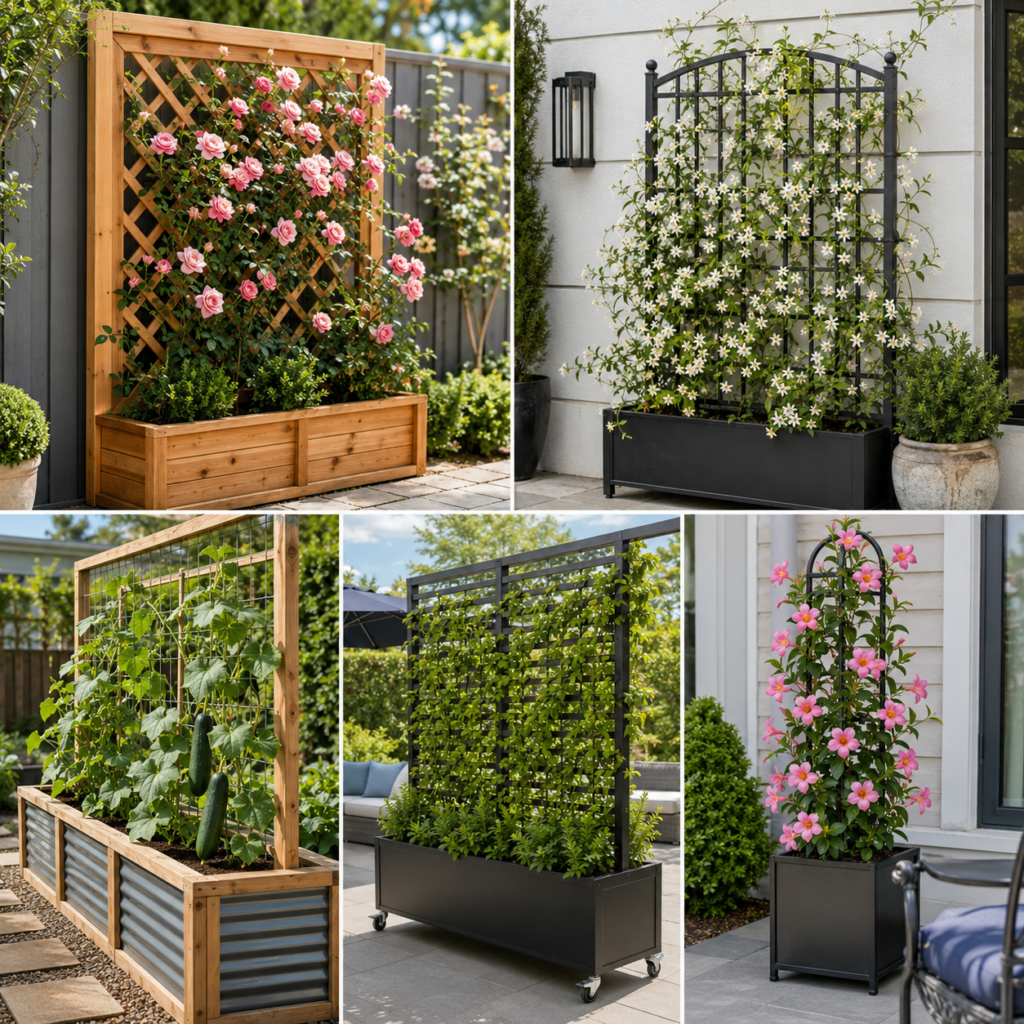 Backyard planters ideas with trellis for privacy and climbing plants.