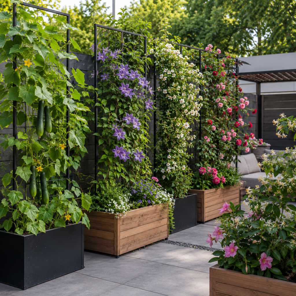 Backyard planters ideas with trellis for privacy and climbing plants.