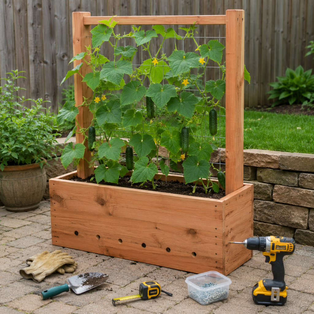 DIY trellis planter for backyard garden.