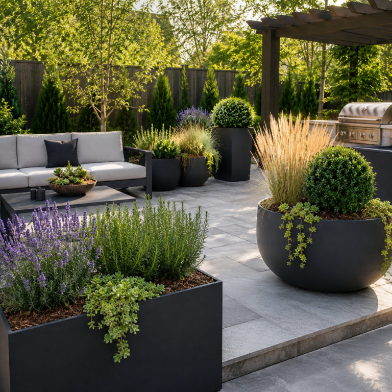 Low maintenance backyard planter ideas with large easy-care outdoor containers.