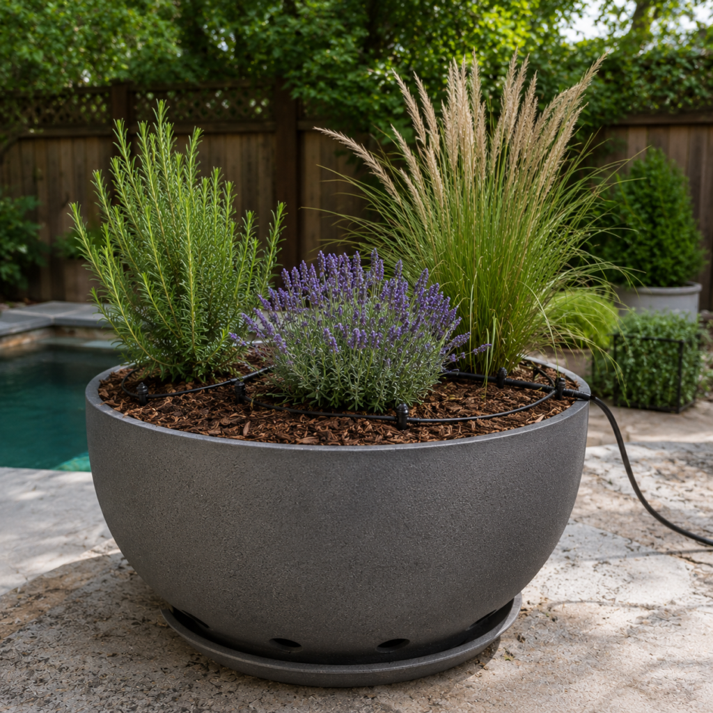 Easy low maintenance backyard planter setup with mulch and drought-tolerant plants