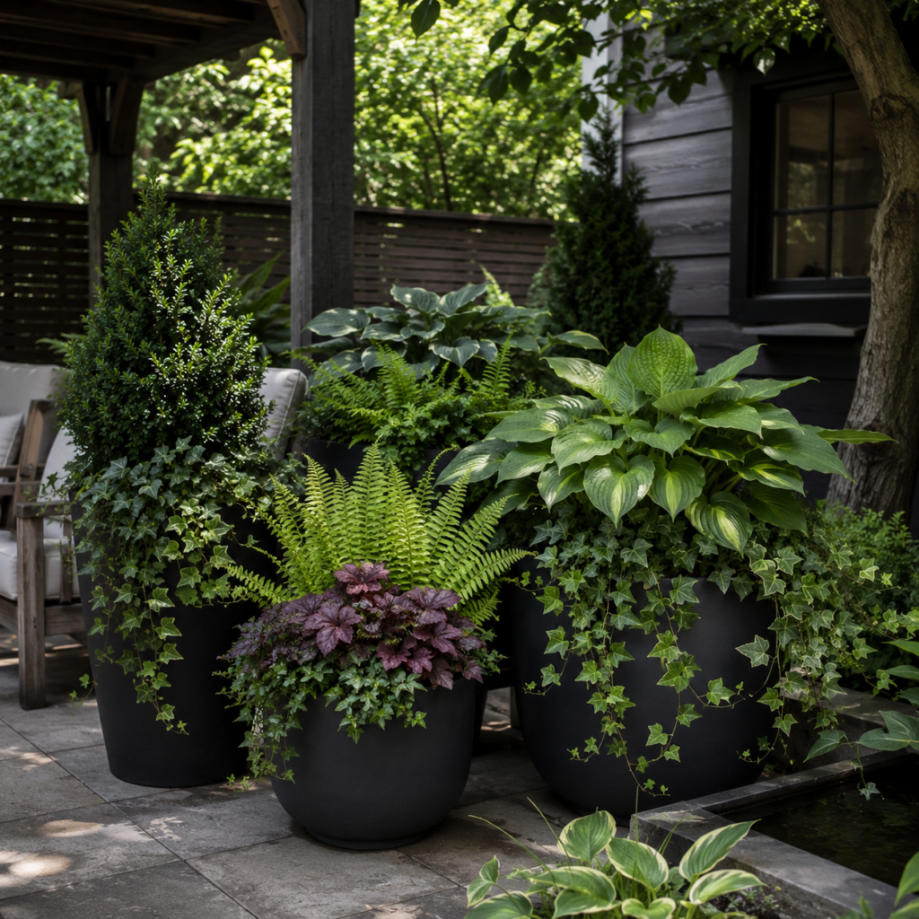 Low maintenance shade planter ideas for backyards.
