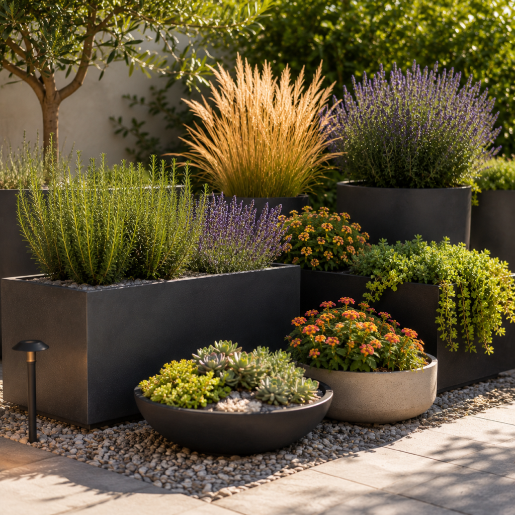 Low maintenance planter ideas for full sun backyards.