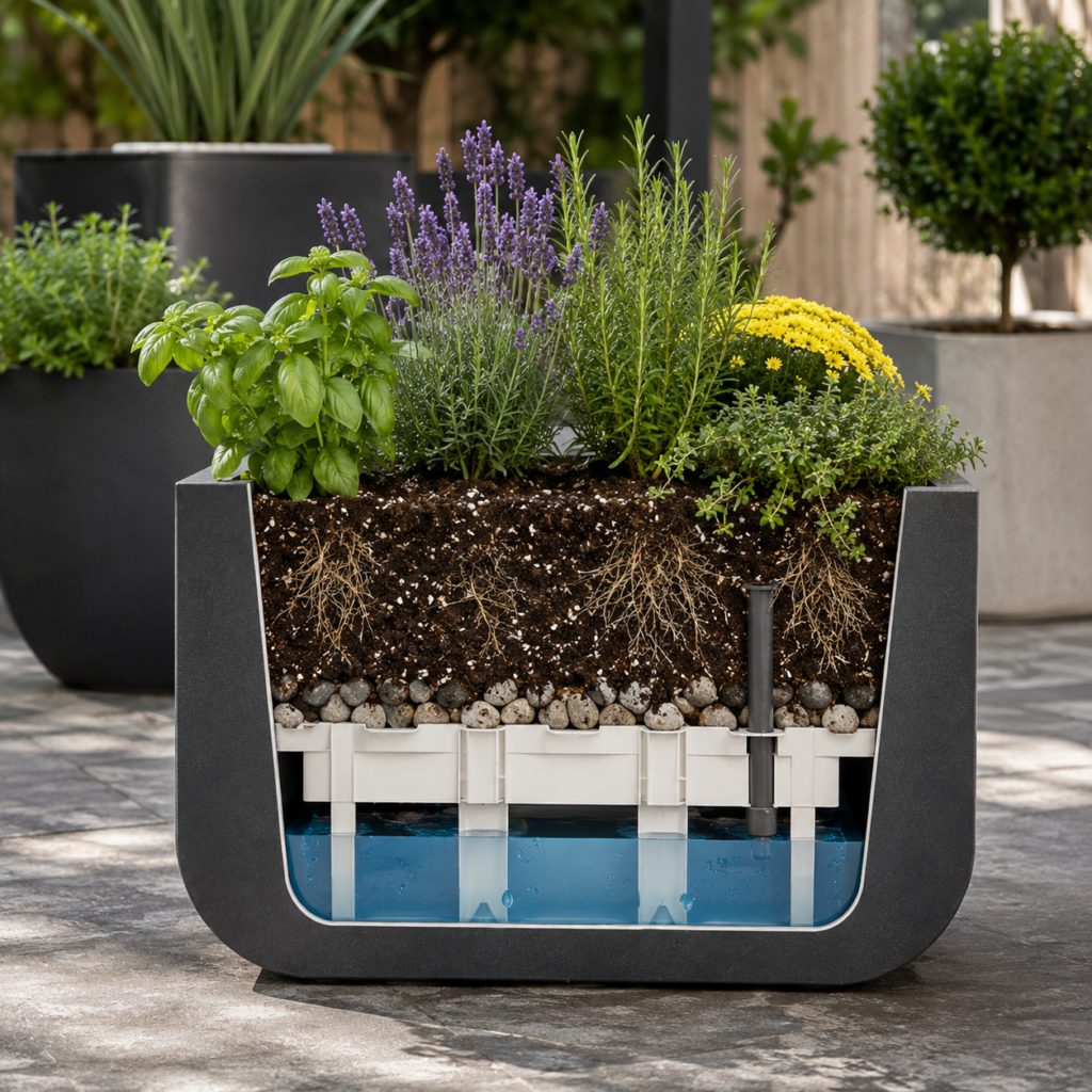 Self-watering planter for easy backyard container gardening.